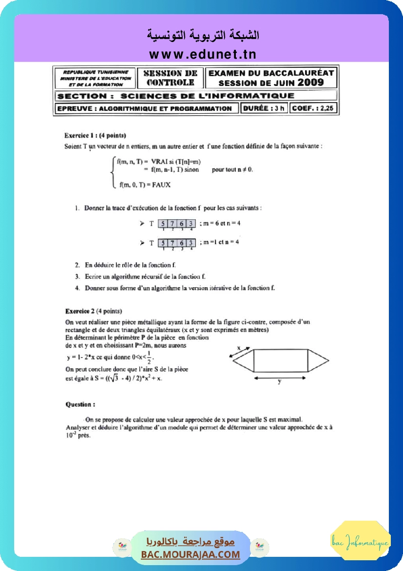 Sujet controle algorithme Bac 2009 – Section info